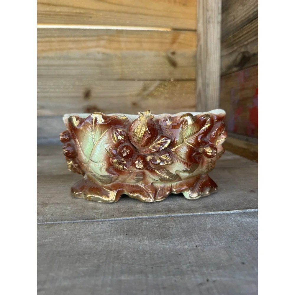 Vintage 40s-50s Ceramic Planter Vase Pomegranate And Leaves Gold Accents Crazing